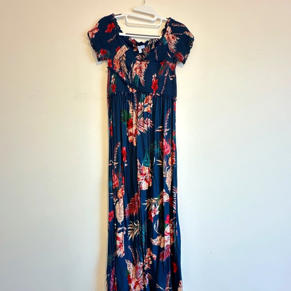 Lightweight Long Flowy Floral Print Smocked Bodice Maxi Dress